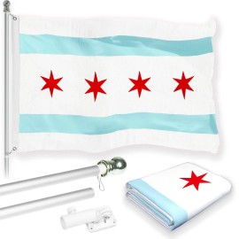UD_G128 Combo Pack: 6 Feet Tangle Free Spinning Flagpole (White) Chicago City Flag 3x5 ft Printed 150D Brass Grommets (Flag Incl