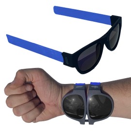 SlapSpecs.com Folding Sunglasses with Slap Bracelet Arms - Blue Polarized Lenses - Folds in Half at The Bridge and Snaps to Your Wrist or Bag - BLUE ARMS
