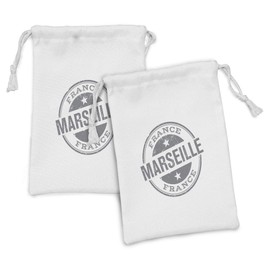 Ambesonne France Fabric Pouch Set of 2, Marseille Written Monochrome Art Style Rubber Stamp Designed in Grunge Pattern, Small Drawstring Bag for Toiletries Masks and Favors, 9" x 6", White and Grey