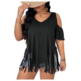 RoseSeek Women's Plus Size Fringe Hem V Neck Tops Short Sleeve Cold Shoulder T Shirts Top Black 2XL