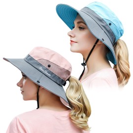 Muryobao Paquete de 2 gorros de verano para mujer, protección UV, ala ancha, plegable, safari, Paquete de 2 – azul cielo y rosa, Talla única