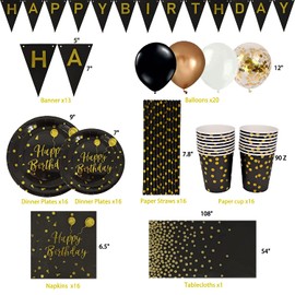 Black and Gold Party Supplies - Birthday Party Cutlery Black and Gold Birthday Plate Set Includes Plates Cups Straws Napkins Tablecloths & More - For Anniversary,Birthday Party Decorations (16 Guests)