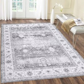 GAOMON Area Rug 4x6 Distressed Floral Pattern Area Rugs Machine Washable Rug Indoor Floor Cover Carpet Rug Soft Velvet Mat Foldable Accent Rug for Living Room Bedroom Dining Room, 4'x6', Grey