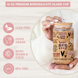 Oflarga Gift for Mom New Mom Daily Affirmation Coffee Glass with Bamboo Lids - 16 Oz