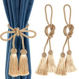 Pack of 2 Curtain Tiebacks Made of Rope Handmade Tassel Curtain Holder Window Drape Tieback Rope for Home Office Decoration, Gold