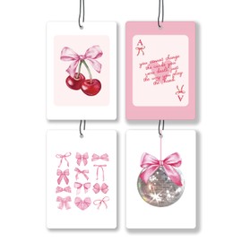JWVK Coquette Pink Bow Lavender Car Air Freshener, Preppy Pink Cherry Disco Ball Ace Card Hanging Air Freshener 4 Pcs for Cars Closet Drawer Books, Cute Girly Car Accessories Mirror Decor for Women