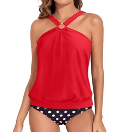 Daci Women Red and Dot Tankini Swimsuits Halter High Neck Two Piece Tummy Control Bathing Suits Blouson Swim Tank Top with Bottom L