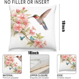 Xolytar Spring-Themed Pillow Cover with a Hummingbird, Cherry Blossoms, and Butterflies. Perfect for Nature Lovers. Size: 18×18 inches, Ideal for Fresh, Floral Home Accents.