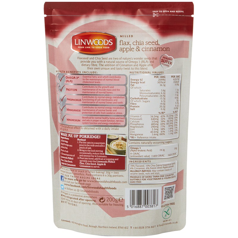 Linwoods Milled Flaxseed Chia Apple and Cinnamon, 200 g