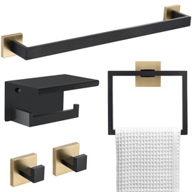 5 Pieces Bathroom Hardware Set Black and Gold Towel Bar Set, Toilet Paper Holder with Shelf, Towel Holder Set in Bathroom, Wall Mounted Stainless Steel, 23.6 Inches