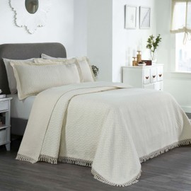 Superior Remi Cotton Blend 3 Piece Bedspread Set, Home Bed Decor, Oversized Bedspread, 2 Pillow Shams, Medium Weight Blanket, Geometric Fringe, Matelasse Coverlet, Bedding Essentials, King, Ivory