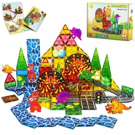 Magnetic Tiles, Dinosaur Volcano Road Magnetic Blocks, Magnet Building Toys for Kids Age 1-3 3-5 5-7 8-12, Preschool Learning Sensory Montessori Toys, Dinosaur Lover Birthday Boys Girls