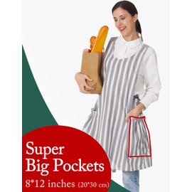 APRONNER Cozy Adjustable Cross Back Aprons for Women with Pockets Cotton Linen Cooking Kitchen Baking, Grey Stripes, Large