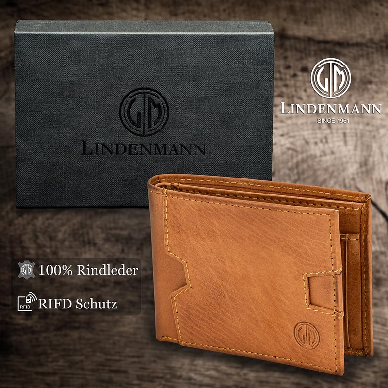 LINDENMANN Men's Leather Wallet, Cognac