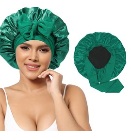 Satin Bonnet for Sleeping Women Silk Sleep Cap Hair Care Bonnet with Elastic Tie Band Curly Hair Unisex Adult (Dark Green + Black)