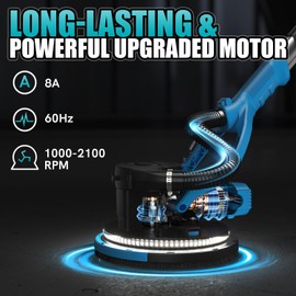 PHIRAH Drywall Sander with Vacuum Dust Collector, 880W Popcorn Ceiling Remover, Variable Speed 1000-2100RPM, LED Light, Foldable & Extendable Handle, 12 Sanding Discs