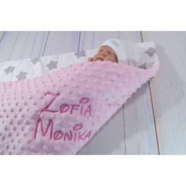 BotoBaby ★ Double Layer Baby Blanket with Name and Date Embroidered ★ Minky ★ Cotton ★ Filling ★ (Pink - Stars, 75 x 100 cm)