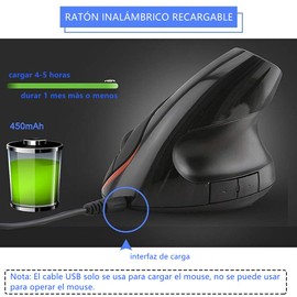 Mouse Ergonómico Inalámbrico, Mouse Vertical, 2.4GHz WiFi Ratón Vertical Inalámbrico Recargable con Receptor USB Mouse Óptico Forma Vertical Wireless Protege el Brazo, 5 Botones, para Mac y Windows