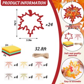 JarThenaAMCS 24 Sets Fall Suncatcher Tissue Paper Craft Kits DIY Autumn Maple Leaves Craft Set with Paper Cutout Sticker Hemp Rope for Thanksgiving Harvest Holiday Party Decorations