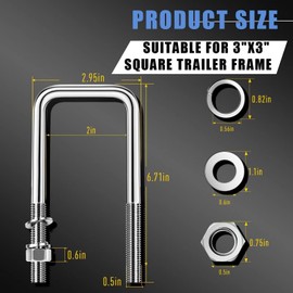 304 Stainless Steel Square U-Bolt Boat Trailer with Washers and Nuts, 1/2" D x 2-1/16" W x 6-5/16" L U-Bolts for Sailboat Trailer, Automobiles Trailer Replacement Parts and Accessories, 4 Pack