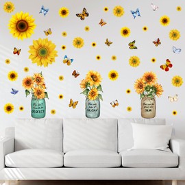 Sunflower Wall Stickers with Butterfly - Flower Wall Decals, Daisy Stickers for Wall Kitchen Fridge Living Room Home Bedroom TV Wall Decorations