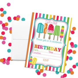 Amanda Creation Summer Popsicle Birthday Party Invitations, 20 5"x7" Fill-In Cards with Twenty White Envelopes