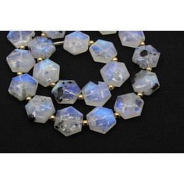 Natural White Rainbow Moonstone Hexagon Beads - 20 Pieces, Faceted, 13x15mm, Genuine Gemstones