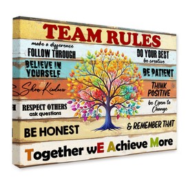 Gwisml Team Rules Wall Art,Inspirational Colorful Tree Sign Canvas Frame Paintings For Office Home Workplace Wall Art Decor