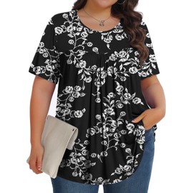 Womens Plus Size Tops Tunic Short Sleeve Crew Neck Shirts Casual Soft Blouse Black Rose 3X