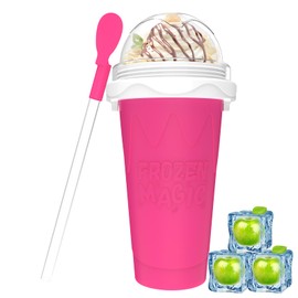 Slushy Maker Cups, DIY Magic Slushy Maker Squeeze Cups, Portable Smoothie Squeeze Cup for Juices, Milk and Ice Cream Make, Double Layers Silicone Slushie Cup with Straw for Friends,Family Gifts-Pink