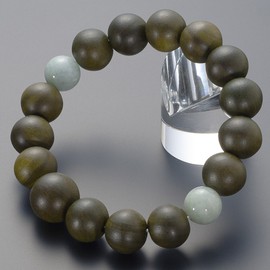 Butsudanya Takita Shoten Special Bracelet Bracelet Green Wood Wood Bracelet, Green Sandalwood (Life Tree), 2 Tien Burma Jade, 0.5 inch (14 mm) Ball, Inner Circumference: Approx. 7.3 inches (18.5 cm);