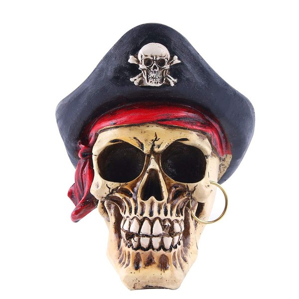VORCOOL Horror Pirate Skull Head: Halloween Skull Ornament, Creative Skull Head Sculpture, Realistic Human Skull Head Model, Skull Head Bone Model