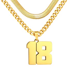KLIFOWDY Number Necklace, Layered Necklace for Men, Jersey Number Necklace for Boy Athlete, 18+20 In Gold Chain for Men With Number 18 Pendant, Basketball Football Baseball Number Necklaces for Boys