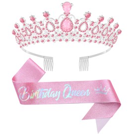 Queenship Birthday Tiara Crown with Sash for Women, Headband Hair Accessories for Birthday Queen Party