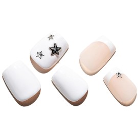 GLAMERMAID Press on Nails Short Square, Christmas Handmade White French Tip with Star Gel Glue on Gel Nails, 24Pcs Glossy Round Reusable UV Finish Fake Nails Acrylic False Nails Manicure Kit for Women