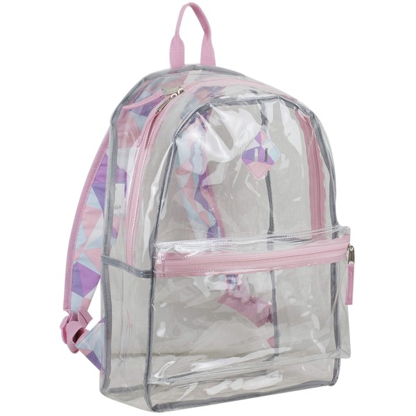 Eastsport Fully Transparent Clear Backpack with Front Pocket, Adjustable Straps and Lash Tab, Crystal Geo Pring /Rose Sand