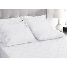 Threadmill 300 Thread Count Tradition Jacquard Damask Collection 100% Cotton Sheets 4 Piece Bed Sheet Set, Luxury Bedding All Around Elastic Fits Mattresses with Deep Pocket Sateen, Queen Size, White