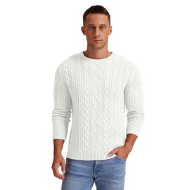 Hisir Men's Winter Cable Knit Jumpers Casual Crew Neck Thick Warm Long Sleeve Sweater Pullover Tops for Men UK (White, L)