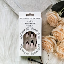 Press on Nails Almond Medium Fake Nails with Hearts Design 24 Pcs French Tip Matte Full Cover Artificial Acrylic Nails Exquisite Golden Lines False Nails Pointed Ballerina Stick on Nails for Women