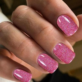 ANDGING Bling Hot Pink Press on Nails Short Square Glue on Nails with Designs Fantasy Glitter Pressons Fake Nails Gel Full Cover Acrylic Manicure False Nails for Wedding Stick on Nails for Women