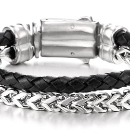 COOLSTEELANDBEYOND Mens Stainless Steel Square Franco Chain Curb Chain and Black Braided Leather Bracelet