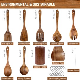 WOODme Teak 9pcs Wooden Spoons for Cooking Natural Wood Kitchen Utensils Set with Utensils Holder, Wooden Utensils for Cooking Including Wooden Spoon Rest and Comfort Grip - Ideal for Home Cooking