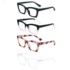 prtcslwd 4 Pack Reading Glasses for Women Oprah Style Oversized Square Spring Hinge Blue Light Blocking Glasses (Black/Pink Tortoise/Transparent/Blackpink, 1.50, multiplier_x)