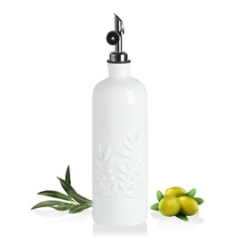 Sweejar Olive Oil Dispenser Bottle for Kitchen, 18 Oz Ceramic EVOO and Vinegar Dispenser with Spout, Relief Opaque Oil Container for Avocado, Leak Proof, Easy to Pour, Pack of 1(White, Silver Pourer)