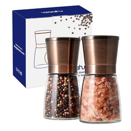 Vzaahu - Molinillos de cobre de sal y pimienta, juego de 2 piezas de latón de bronce recargable, especias Seasalt con tapas magnéticas, grosor ajustable, núcleo de cerámica, regalo de cocina