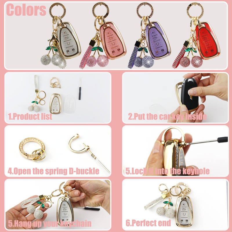 Rayslesan Sparkly Key Fob Cover with Cherry Keychain, Bling TPU