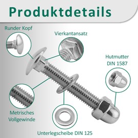 DSM – Schlossschrauben M8 x 45 mm nach DIN 603 – M8 Hutmutter DIN 1587 & Unterlegscheibe DIN 125 – Edelstahl A2/V2A – Vollgewinde – Flachrundkopfschrauben mit Vierkantansatz – 25 Stück