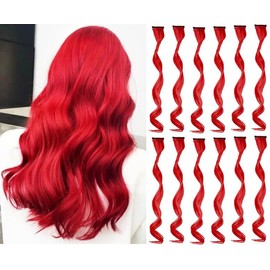 Colored Hair Extensions Party Highlights, Curly Wavy Hairpiece Clip in Synthetic Streak for Kids Girls Women Wavy Curly, Party Highlights 20 Inch ((12Pcs Red))