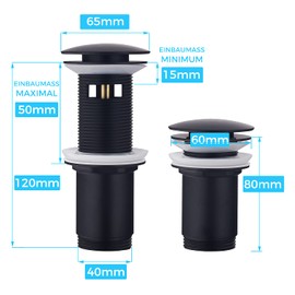 Drain Fitting with Overflow Black Matt, Keymark Universal Drain Valve Drain Fitting for Sink and Washbasin - Brass Pop Up Drain Plug