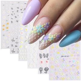 5D Engraved Flower Nail Art Stickers Decals Holographic Embossed White Flowers Daisy Rose Leaf Nail Self-Adhesive Sticker Designs Blossom Floral Nail Transfer Decal for Women Manicure Tips Decorations